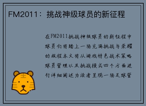 FM2011：挑战神级球员的新征程